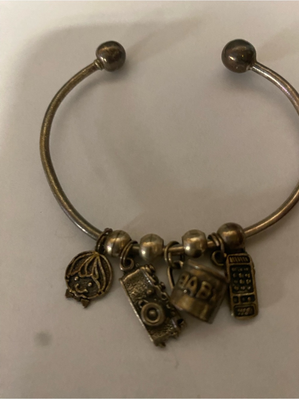Charm Baby Bangle Bracelet with Phone, Camera, Baby, cup . Sterling Silver